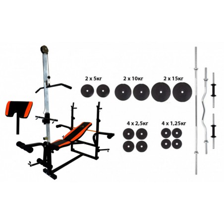 Скамья с верхней тягой + 4 грифа + 75 кг дисков с ABS покрытием|Лавка з верхньою тягою + 4 грифи + 75 кг дисків з ABS покриттям