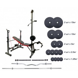 Универсальная скамья со стойками и тренажерами + Штанга 83 кг, гриф W, гантели RN-Sport|Універсальна лавка зі стійками та тренаж