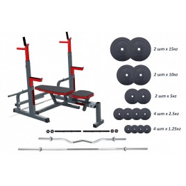 Лавка 3090 + Стойки 50x50 со страховочными упорами, 4 грифа, 75 кг блинов RN-Sport|Лавка 3090 + Стійки 50x50 зі страхувальними у